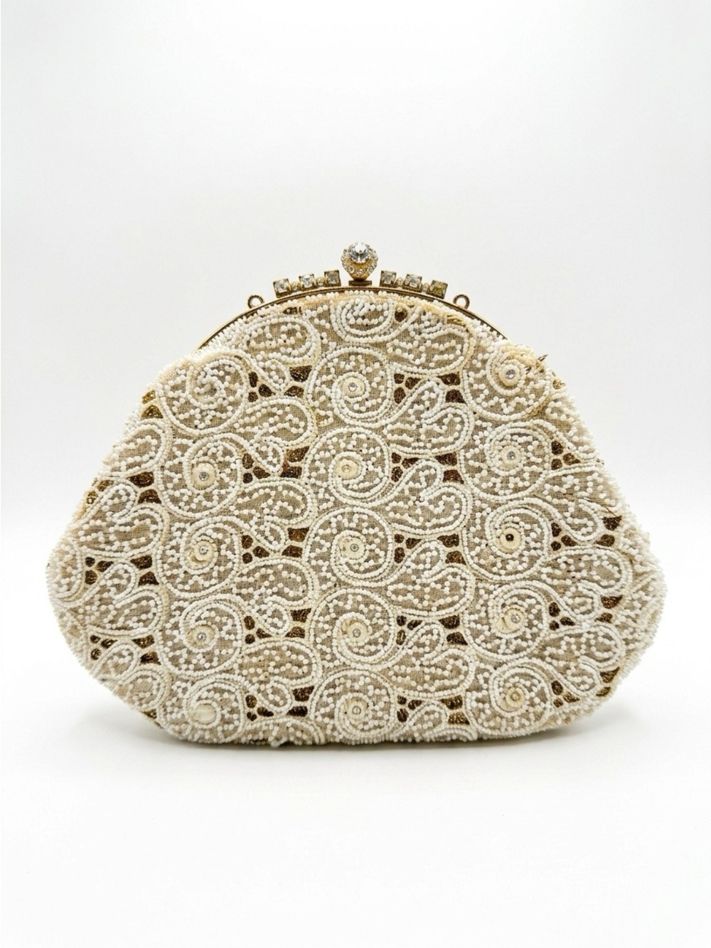 Vintage Ivory Beaded Lace Clutch Purse / Rhinestone Bridal Evening Bag Chanpagne